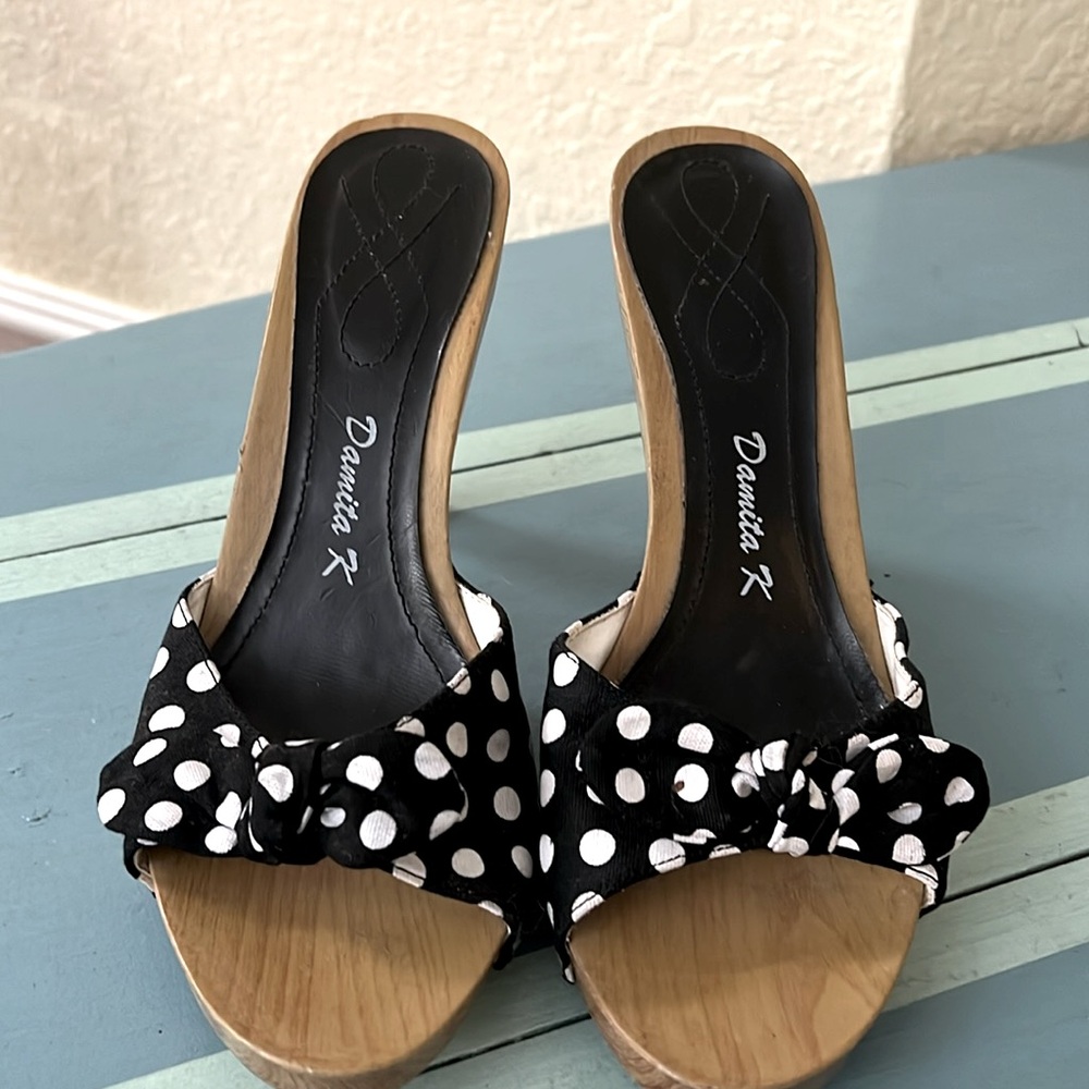 Damita K 4 inch wooden black and white polka dots heel
